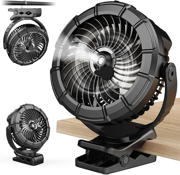 Ausic 3-in-1 Portable Clip on Desk Fan with Misting & LED Lights & Hook, 100ML Baby Stroller Fan, 5200mAh Rechargeable Battery Operated & 360° Rotation & 3 Speeds for Outdoor Travel Camp Golf Cart