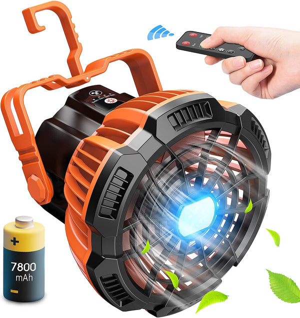 Camping Fan with LED Lantern, Rechargeable Battery Powered Fan, Portable Tent Fan with Remote Control, 25H Working Time, Battery Operated Fan, 180°Head Rotation, Outdoor travel Fan, Ceiling Fan